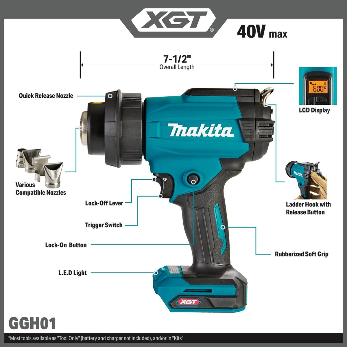 Makita GGH01Z 40V Max XGT Cordless Variable Temperature Heat Gun Tool Only 7-1/2" Long - 2