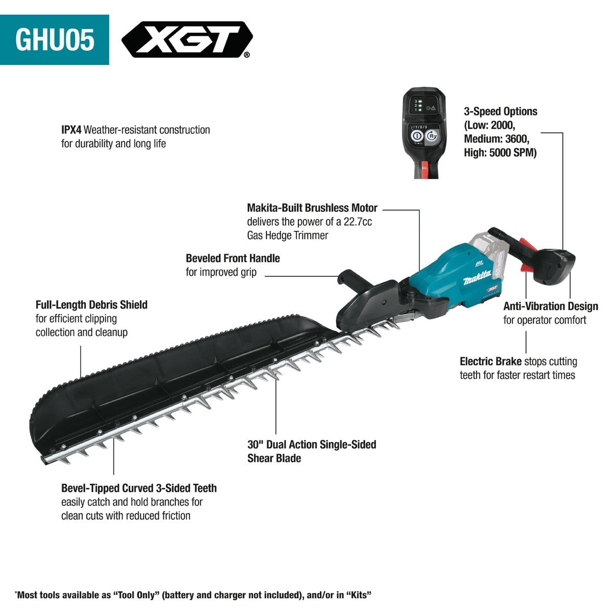 Makita GHU05T 40V Max XGT Brushless Cordless 30 in. Single-Sided Hedge Trimmer Kit (2 5.0Ah Batteries, Rapid Charger) - 2