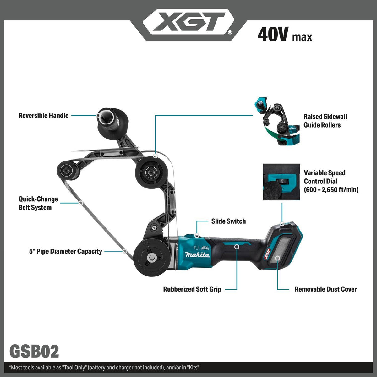 Makita GSB02Z 40V max XGT Brushless Cordless 1-9-16" x 30" Pipe Belt Sander Tool Only - 2