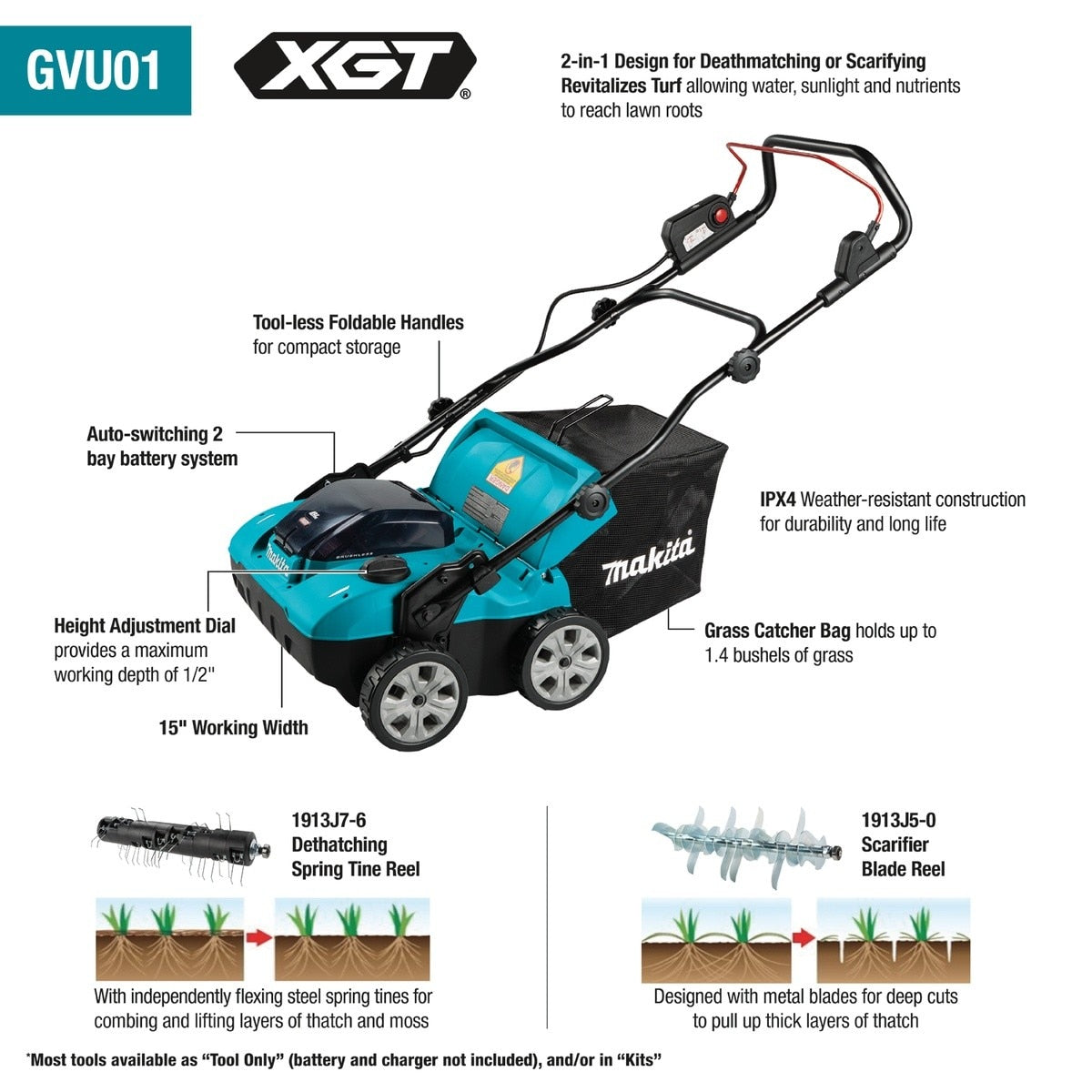 Makita GVU01SM 40V max XGT Brushless Cordless 15 in Dethatcher Scarifier Kit (2 4.0Ah Batteries) - 3