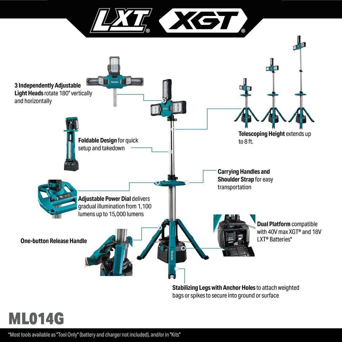 Makita ML014G 8' Cordless Tower Work Multi Directional LED Light - 13
