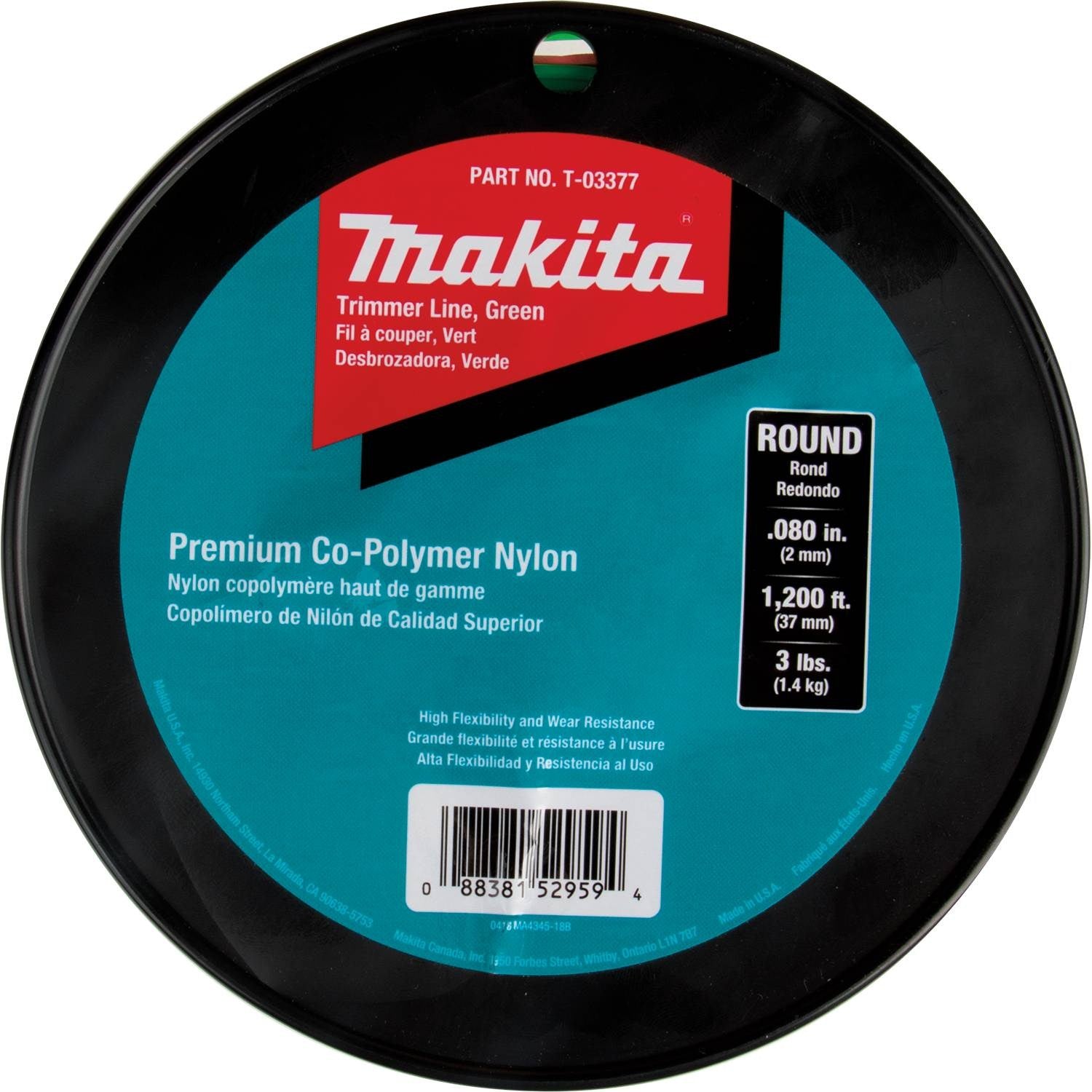 Makita T-03377 Round Trimmer Line, 0.080", Green, 1,200', 3 lbs. - 2