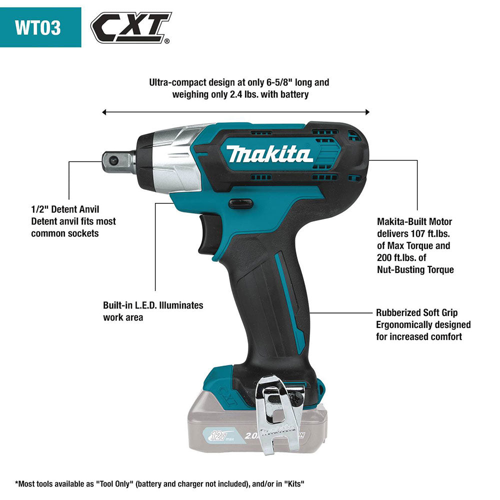 Makita WT03Z 12V Lithium-Ion Cordless 1/2" Sq. Drive Impact Wrench - 2