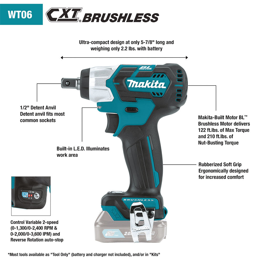 Makita WT06Z 12V max CXT 1/2" Square Drive Impact Wrench (Tool Only) - 5