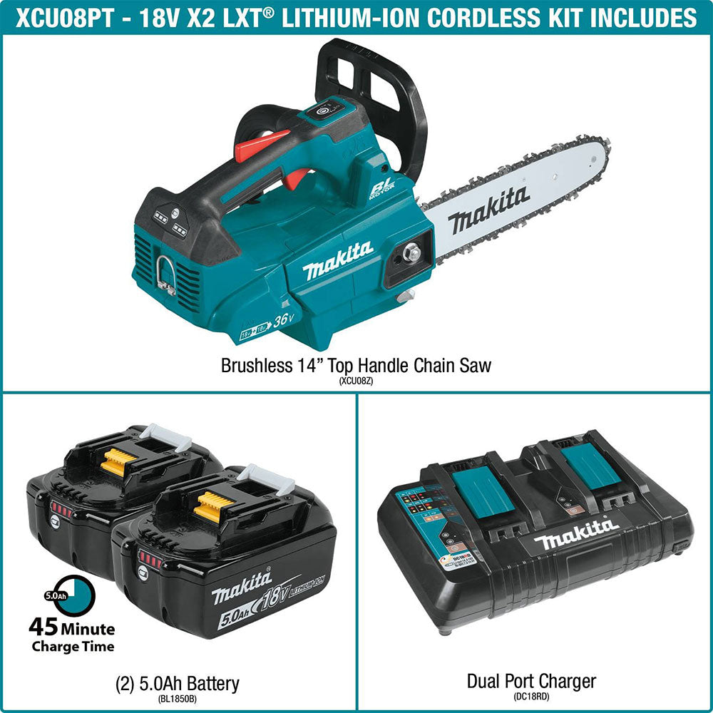 Makita XCU08PT 18V X2 (36V) LXT Brushless 14" Top Handle Chain Saw Kit - 12