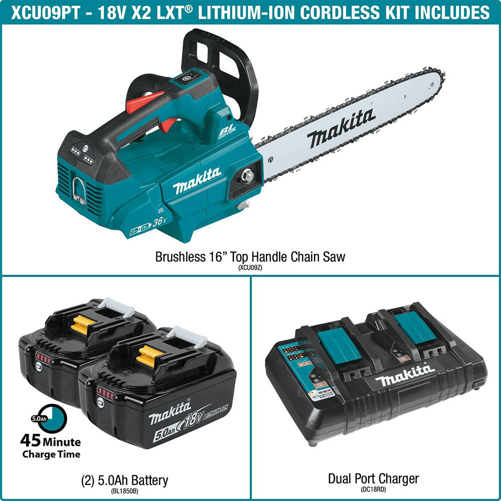 Makita XCU09PT 18V X2 (36V) LXT Brushless 16" Top Handle Chain Saw Kit - 12