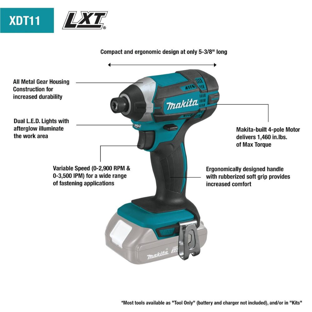 Makita XDT11SY 18V LXT Lithium-Ion Compact Cordless Impact Driver Kit, var. spd., rev., L.E.D. Light, case (1.5Ah) - 2