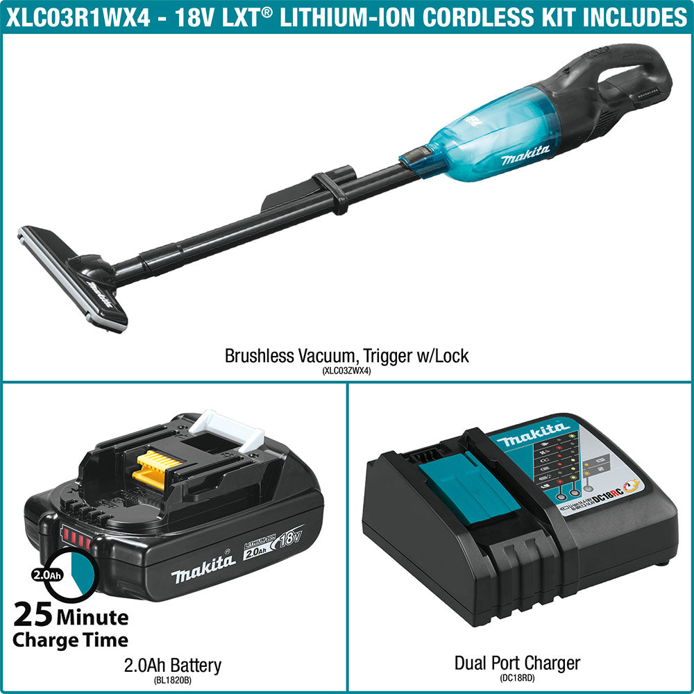 Makita XLC03R1WX4 18V LXT Compact Cordless Vacuum Kit, Trigger w/ Lock (2.0Ah) - 4