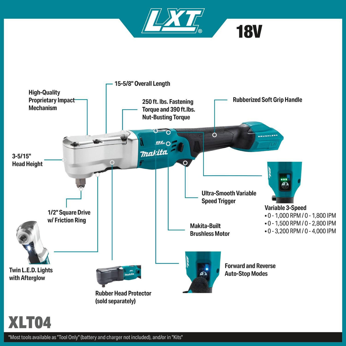 Makita XLT04Z 18V LXT Brushless Cordless High Torque 1/2" Square Drive Angle Impact Wrench with Friction Ring (Tool Only) - 2