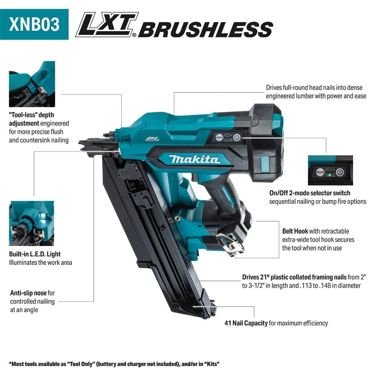 Makita XNB03M1 18V LXT Lithium-Ion Brushless Cordless 21" Full Round Head 3-1/2" Framing Nailer Kit (4.0Ah) - 3