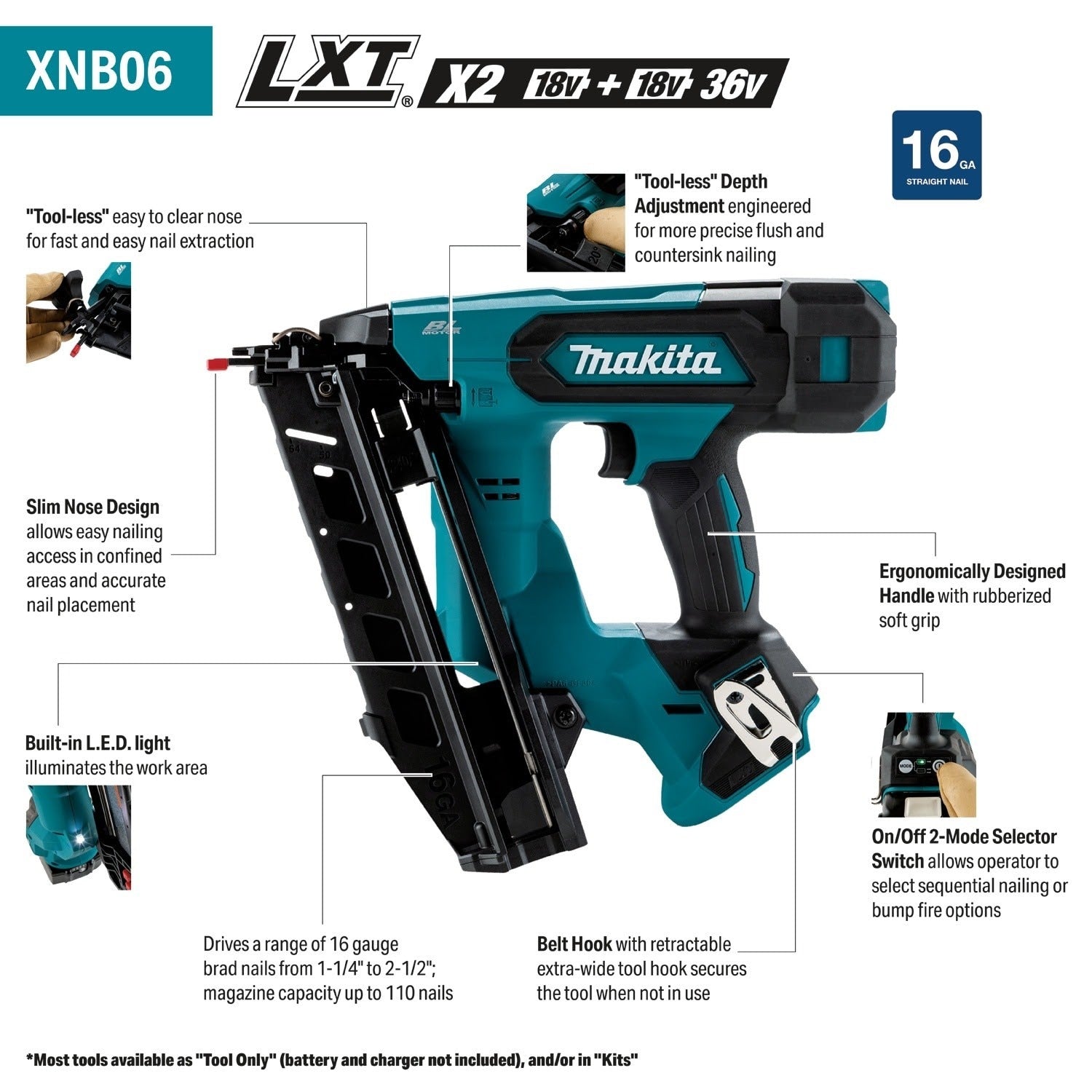 Makita XNB06Z 18V LXT Lithium-Ion Brushless Cordless 2-1/2” Angled Finish Nailer, 16 Gauge, Tool Only - 2
