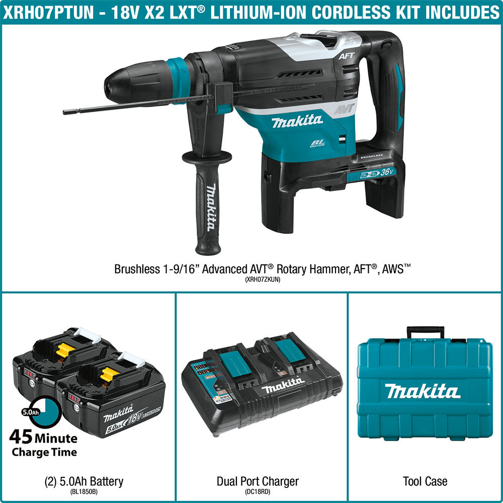 Makita XRH07PTUN 18V X2 LXT 1-9/16" Rotary Hammer Kit, SDS-MAX (5.0Ah) - 2