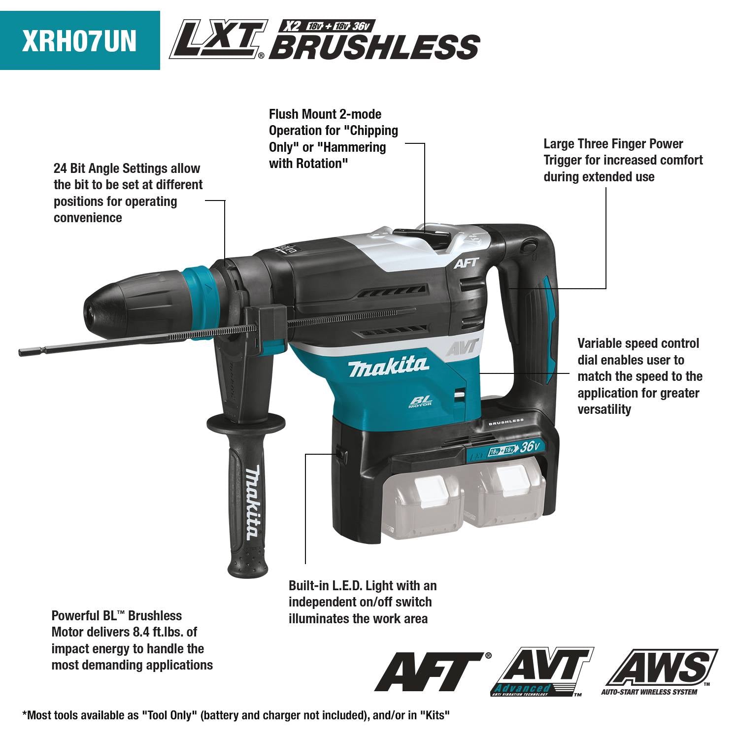 Makita XRH07ZKUN 36V (18V X2) LXT AVT Rotary Hammer, Tool Only - 8