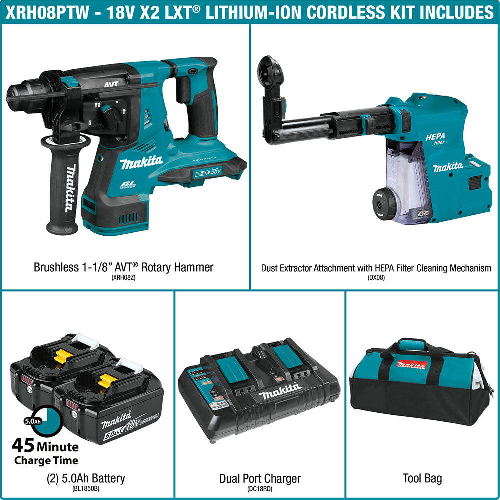 Makita XRH08PTW 18V X2 LXT 1-1/8" AVT Rotary Hammer Kit (5.0Ah) - 9