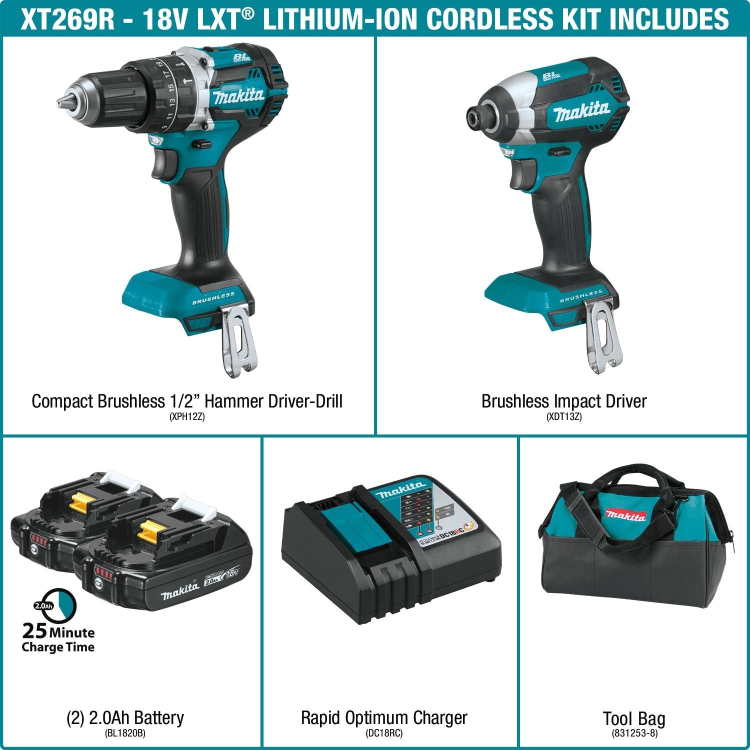 Makita XT269R 18V Compact LXT Li-Ion BL 2-Piece Kit 2.0 Ah - 2