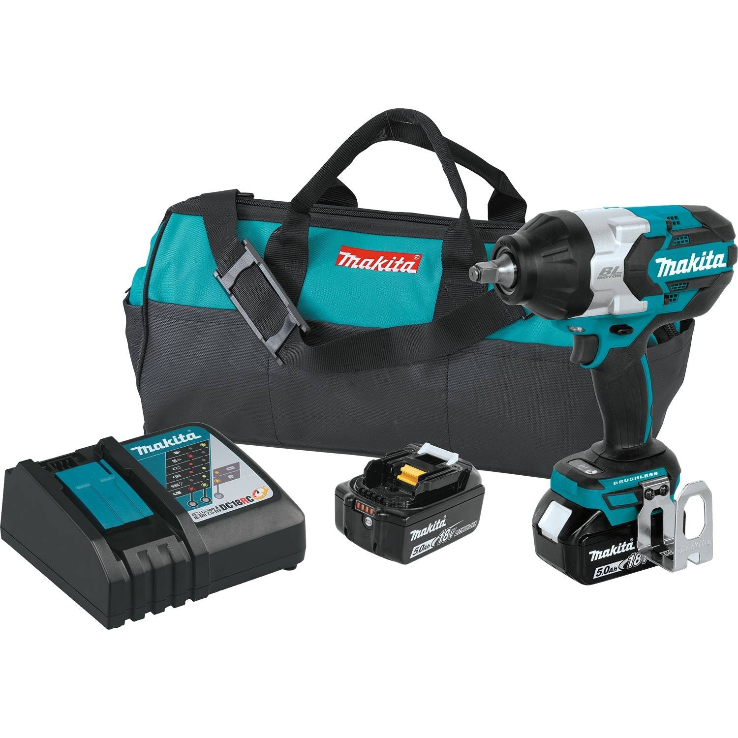 Makita XWT08T 18V LXT Li-Ion Brushless Cordless High Torque 1/2" Square Impact Wrench Kit, 5.0 Ah