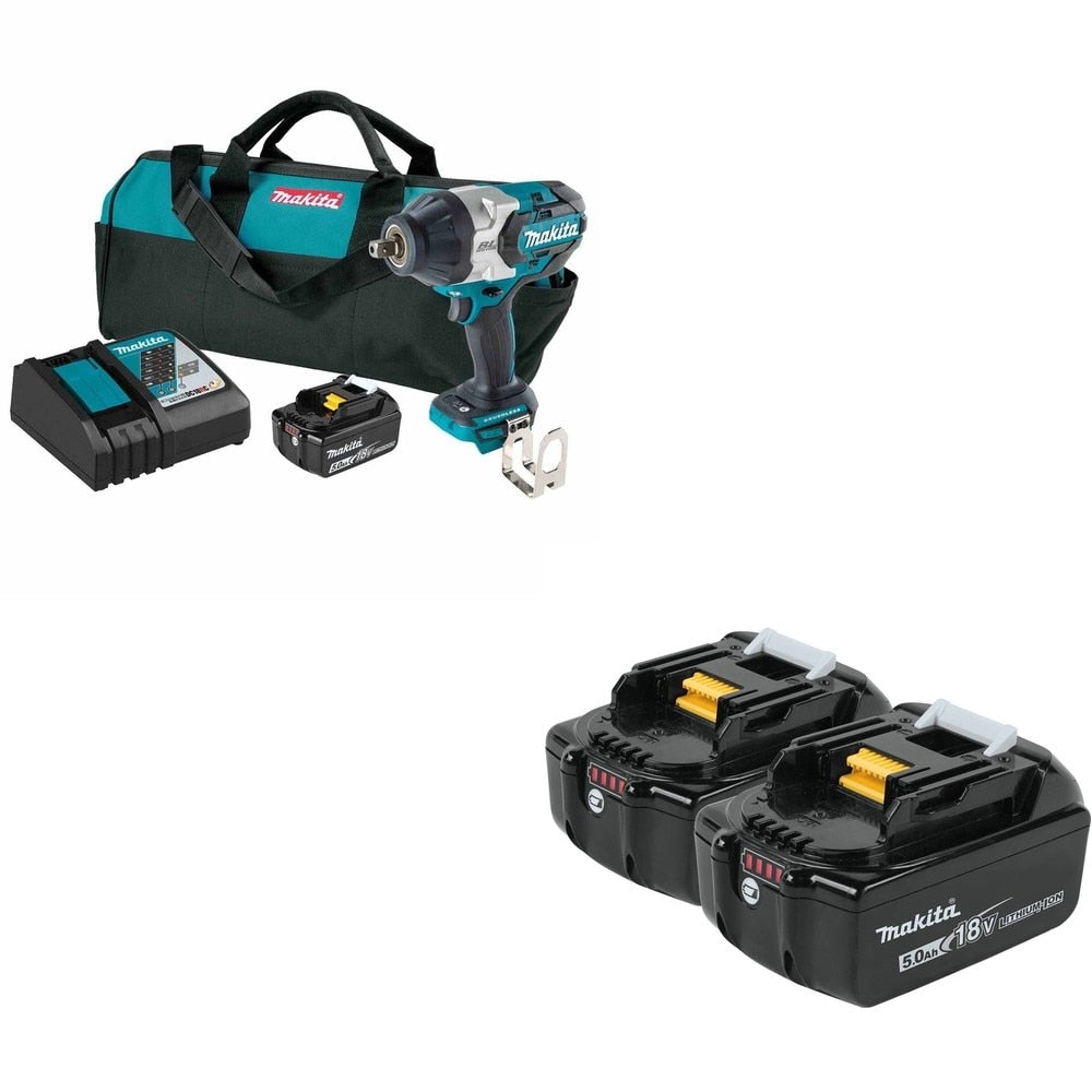 Makita XWT19T 3-Speed 1/2" Sq. W/ BL1850B-2 18V LXT Lithium-Ion 5.0Ah Battery, 2 Pack