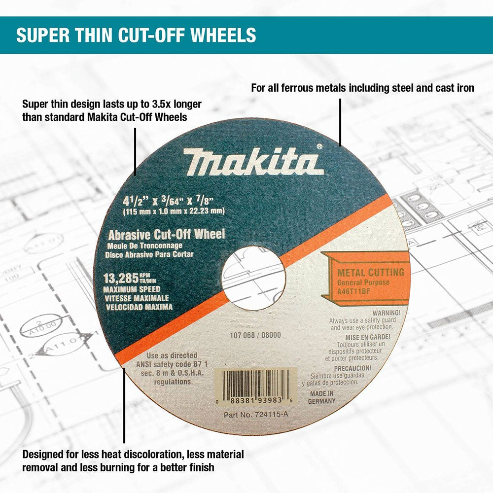 Makita 724116-A-25 5" x 7/8" x 3/64" Super Thin Cut-off Wheel, Metal, 25 Pack