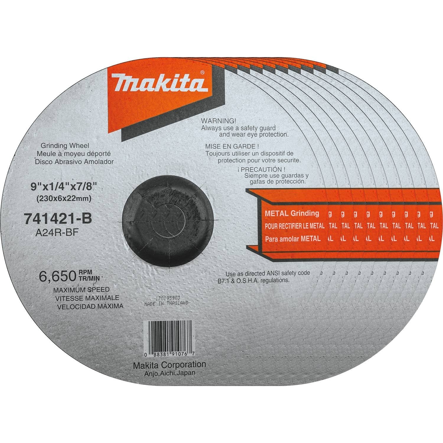 Makita 741421-B-10 9" x 7/8" x 1/4" Grinding Wheel, 24 Grit, General Purpose Metal, 10/pk
