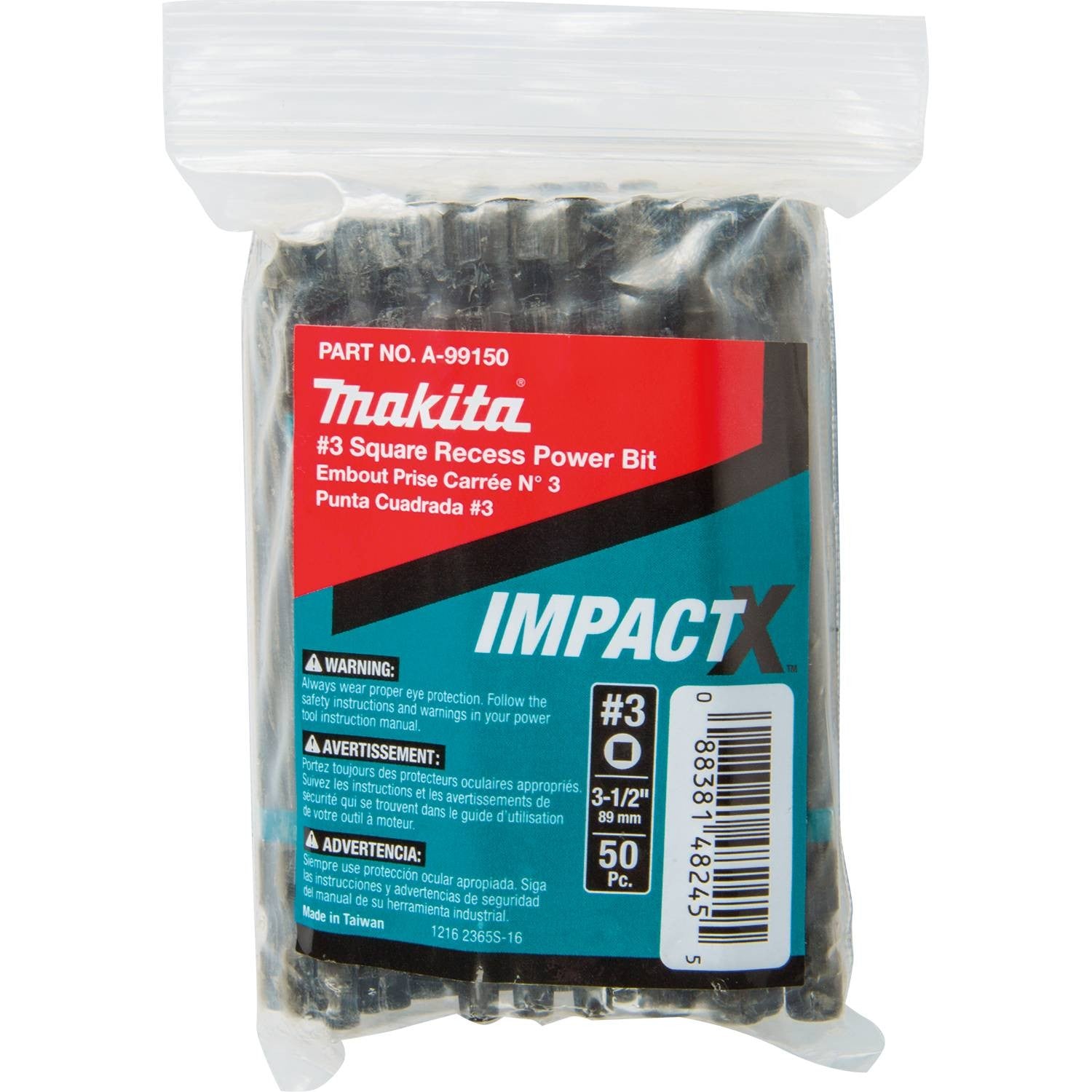 Makita A-99150 ImpactX  #3 Square Recess 3-1/2" Power Bit, 50/pk, Bulk