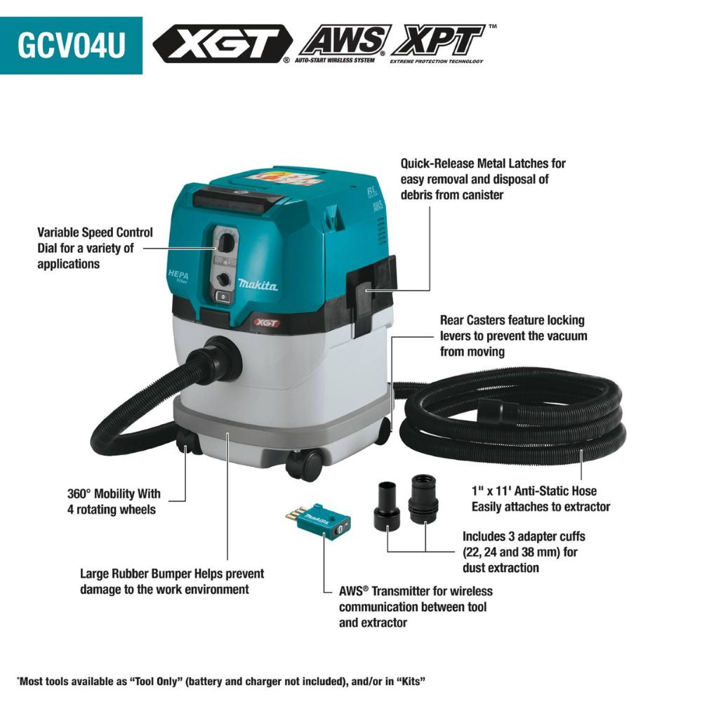 Makita GCV04PMUX 40V Max XGT Brushless Cordless 4 Gallon HEPA Filter Dry Dust Extractor Kit, AWS (4.0Ah)