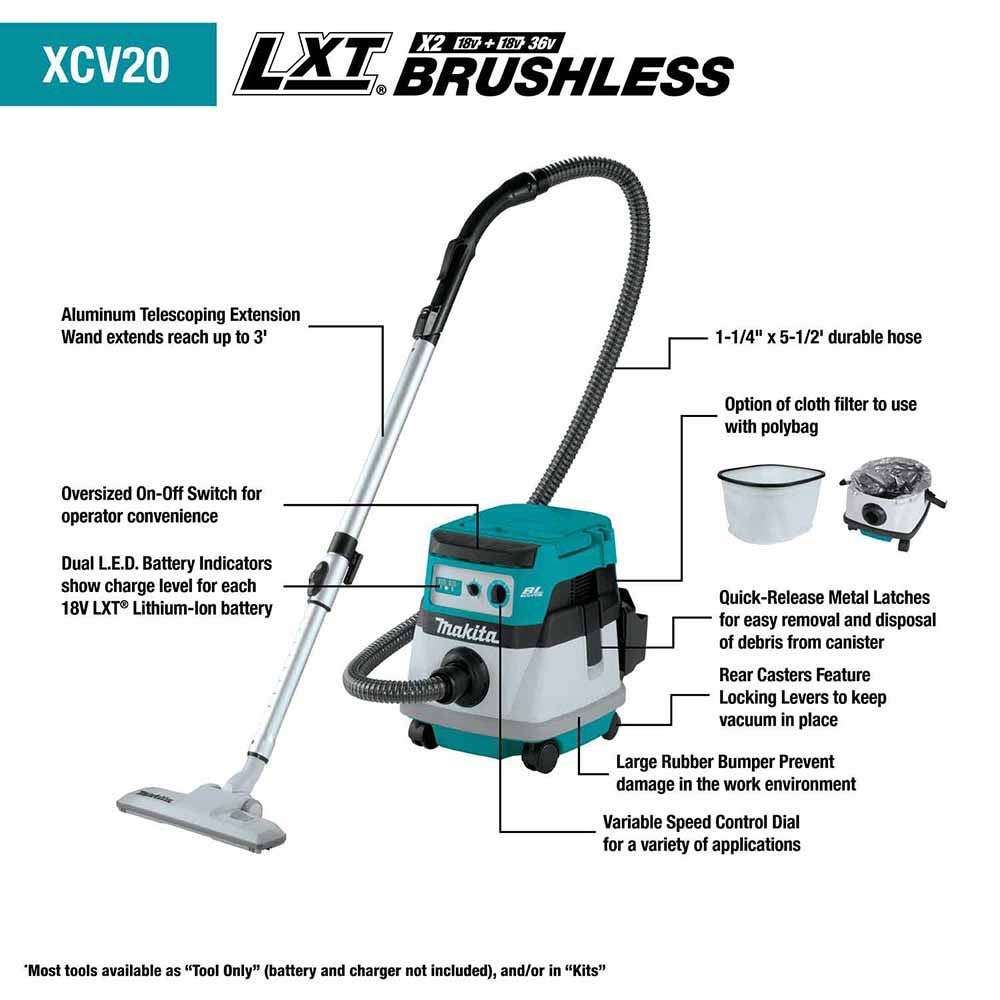 Makita XCV20Z 36V (18V X2) LXT Brushless 2.1 Gallon Wet/Dry Dust Extractor/Vacuum, Tool Only