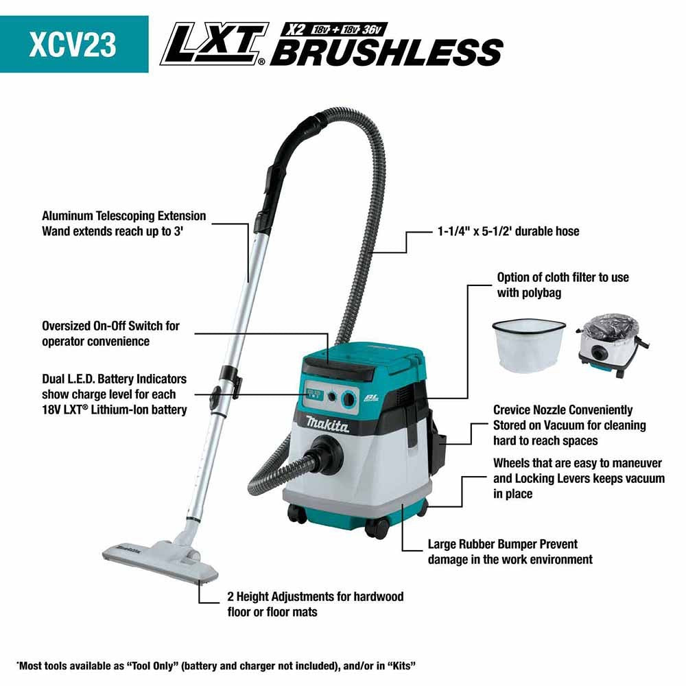 Makita XCV23Z 36V (18V X2) LXT Brushless 4 Gallon Wet/Dry Dust Extractor/Vacuum, Tool Only