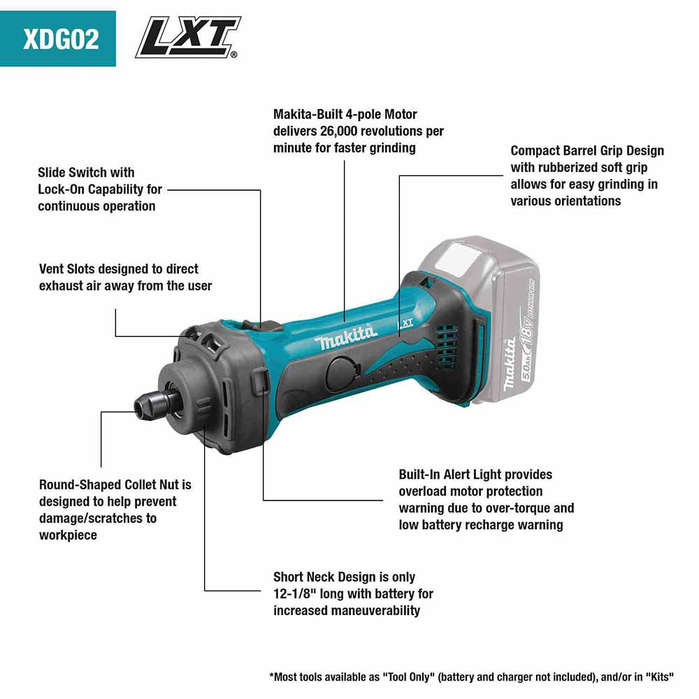 Makita XDG02Z 18V LXT Lithium-Ion 1/4" Compact Die Grinder, Tool Only