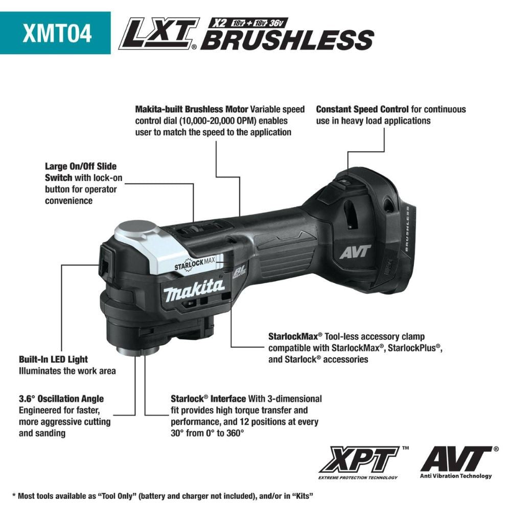 Makita XMT04R1B 18V LXT Lithium-Ion Sub-Compact Brushless Cordless StarlockMax Oscillating Multi-Tool Kit (2.0Ah)