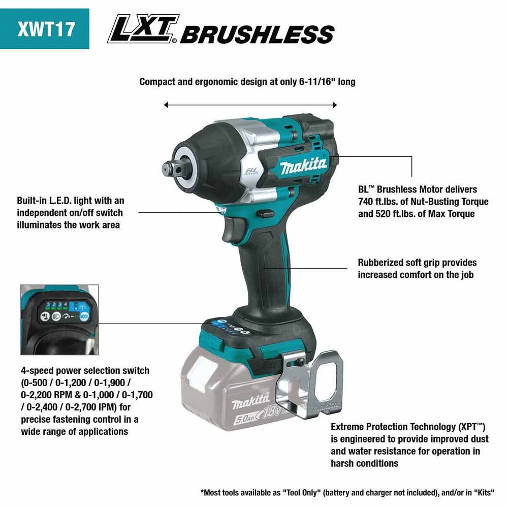 18V LXT®Brushless Cordless 4-Speed Mid-Torque 1/2" Sq. Drive Impact Wrench Kit