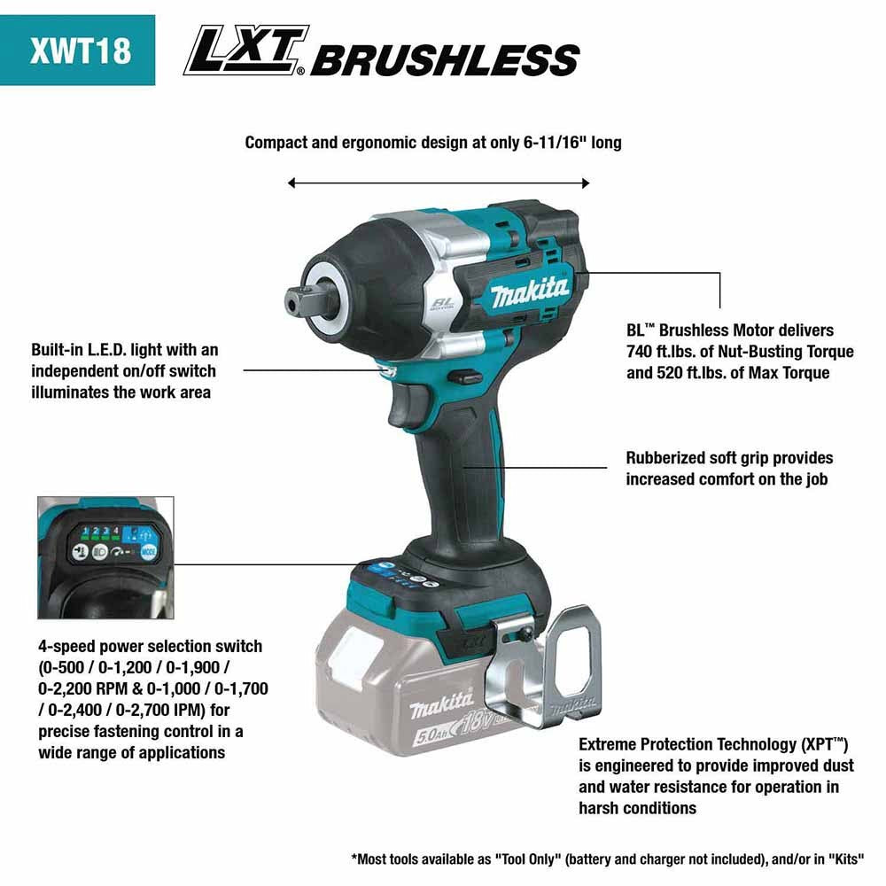 18V LXT® Brushless 4-Speed Mid-Torque 1/2" Sq. Drive Impact Wrench Kit w/ Detent Anvil